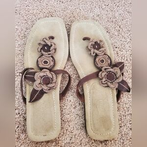 MIU MIU Leather rope button flowered thong sandals